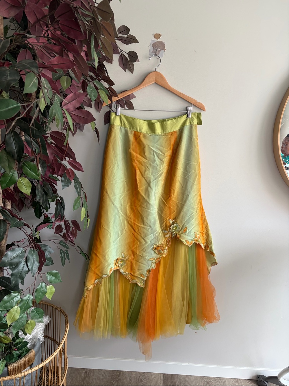 Floral Appliqué High-Low Tulle Skirt in Green & Orange - Picture 1 of 5